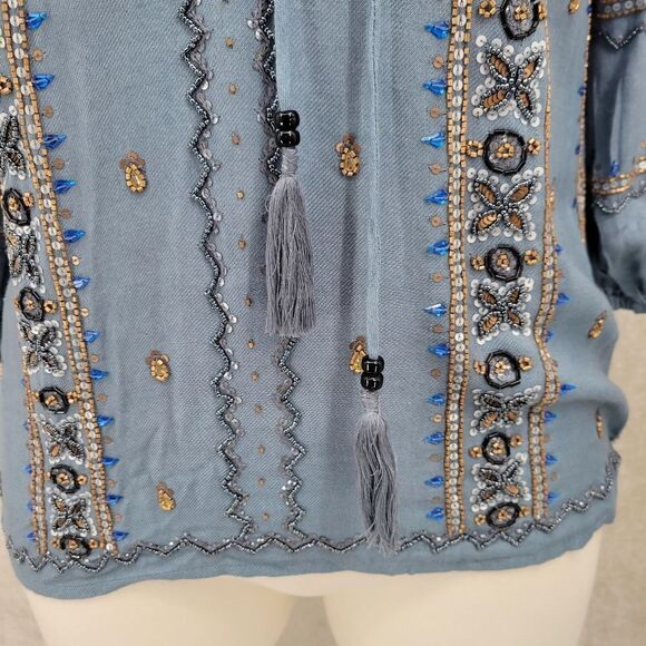 Raga Peasant Phoenix Blouse Beaded Blue Women's Size Large Viscose - Picture 8 of 12